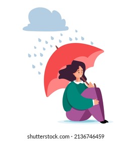 Vector illustration for mental health support. Inner world and self care Concept. Happy woman protects herself from the rain with an umbrella.