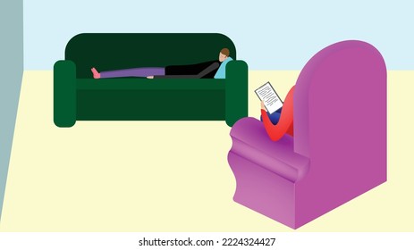 Vector illustration. Mental health. Therapy with a psychologist. Sad man lying on sofa. A chair with its back turned. Psychologist sitting in a chair. Patient, therapy, mental health, illness, depress