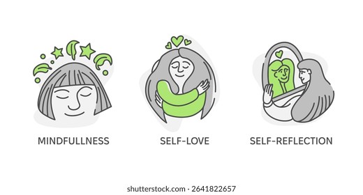 Vector illustration of mental well-being concepts: mindfulness, self-love, and self-reflection. Simple and modern line art with green accents for emotional health and self-care themes.