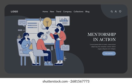 Ilustração vetorial de uma sessão de orientação com três pessoas envolvidas em uma discussão. A cena destaca trabalho em equipe, brainstorming e comunicação em um ambiente moderno e digital.
