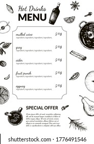 Ilustración vectorial de un menú para un bar con bebidas alcohólicas calientes. Plantilla de menú para navidad de vino tinglado, sidra, grog, con estilo de grabado en blanco