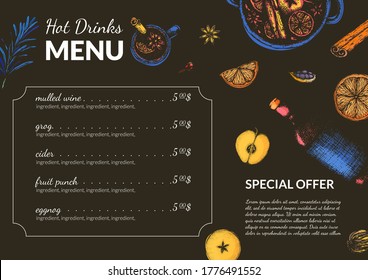 Ilustración vectorial de un menú para un bar con bebidas alcohólicas calientes. Plantilla de menú para el vino de navidad, sidra, grog, color en un fondo oscuro