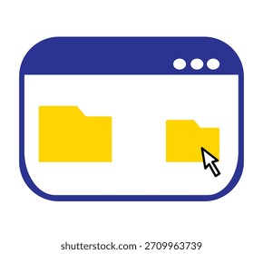 Vector illustration of a menu bar and yellow cursor clicking to open a folder or file with a flat design. Digital documents, icons, symbols, download, upload, computers, laptops, technology.