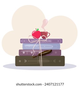 Vector illustration menu book with cup tea and apple ornament