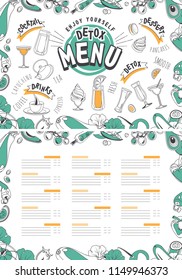 Vector illustration of a menu for a cafe or restaurant drinks juices detox cocktails on a white background two pages, cover and product list template