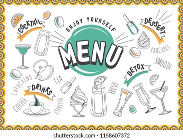 Vector illustration of a menu for a cafe or restaurant drinks juices detox cocktails on a white background