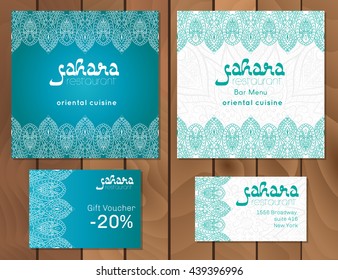 Vector illustration of a menu card template design for a restaurant or cafe Arabian oriental cuisine. Asian, Arab and Lebanese cuisine. Business cards and vouchers. Hand-drawn traditional ornament