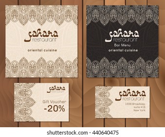 Vector illustration of a menu card template design for a restaurant or cafe Arabian oriental cuisine. Asian, Arab and Lebanese cuisine. Business cards and vouchers. Hand-drawn traditional ornament