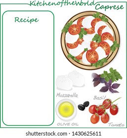 Vector illustration of menu delicious caprese salad with ripe tomatoes and mozzarella cheese with fresh basil leaves. Italian food isolated on white background. Recipe blank.