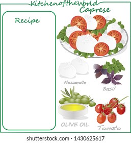 Vector illustration of menu delicious caprese salad with ripe tomatoes and mozzarella cheese with fresh basil leaves. Italian food isolated on white background. Recipe blank.