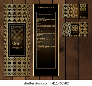 Vector Illustration Of A Menu Design  For A Restaurant Or Cafe Arabian Oriental Cuisine, Business Cards And Vouchers. Hand-drawn Gold Traditional Arabic Pattern On A Dark Background. 