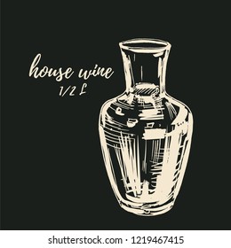 Vector illustration for menu design in vintage style, drawing with chalk on blackboard. Glass carafe of simple house wine