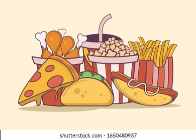 vector illustration menu list of fast food or junk food. can use for, landing page, banner, poster, print, web, blog, homepage, flyer, brochure, template, menu list.