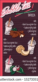 Vector illustration. Menu milk bubble tea with tapioca on a wooden background. Lettering logo with handwritten menu. almonds, melon, lychee