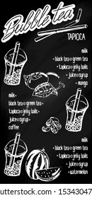Vector illustration. Menu milk bubble tea with tapioca on a chalk board background. Lettering logo with handwritten menu. mango, coffee, watermelon