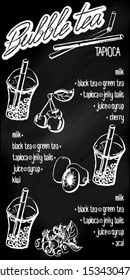 Vector illustration. Menu milk bubble tea with tapioca on a chalk board background. Lettering logo with handwritten menu. cherry, kiwi, acai