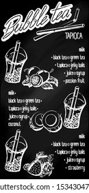 Vector illustration. Menu milk bubble tea with tapioca on a chalk board background. Lettering logo with handwritten menu. passion fruit, coconut, strawberry