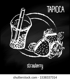 Vector illustration. Menu milk bubble tea with tapioca on a chalk board background. 