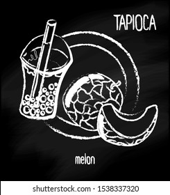 Vector illustration. Menu milk bubble tea with tapioca on a chalk board background. 