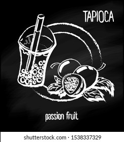 Vector illustration. Menu milk bubble tea with tapioca on a chalk board background. 