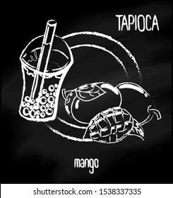 Vector illustration. Menu milk bubble tea with tapioca on a chalk board background. 