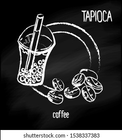 Vector illustration. Menu milk bubble tea with tapioca on a chalk board background. 
