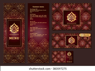 Vector illustration of a menu for a restaurant or cafe Arabian oriental cuisine, business cards and vouchers. Hand-drawn gold pattern on a dark background. Logos Arabic flower.