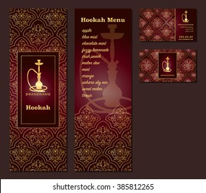 Vector illustration of a menu for a restaurant or cafe Arabian oriental cuisine with hookah, business cards. Hand-drawn gold pattern. 