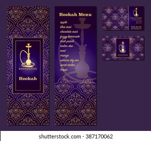 Vector illustration of a menu for a restaurant or cafe Arabian oriental cuisine with hookah, business cards. Hand-drawn gold pattern. 