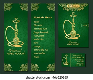 Vector illustration of a menu for a restaurant or cafe Arabian oriental cuisine with hookah, business cards. Hand-drawn islamic flower pattern