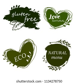 Vector illustration for menu of restaurants, packaging, advertising. Set of logos, icons, design elements. Natural food, organic food, veggie food. Healthy food label. Doodle logos. Hand drawing
