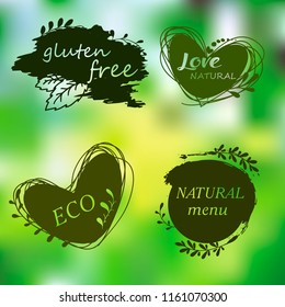 Vector illustration for menu of restaurants, packaging, advertising. Set of logos, icons, design elements. Natural food, organic food, veggie food. Healthy food label. Doodle logos. Hand draw