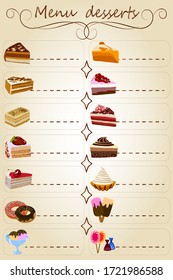 Vector illustration of a menu of sweet desserts.The menu of sweet desserts in color is perfect for cafe design.