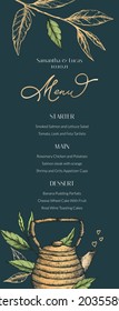 Vector illustration of a menu for tea drinking, weddings, parties. Tea leaves, desserts and main dishes on an elegant menu with hearts