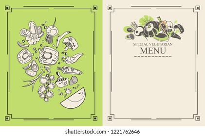 Vector illustration of a menu of two pages for a restaurant cafe collection of ripe vegetables style spot line, the second is a caller for the price list and wishes