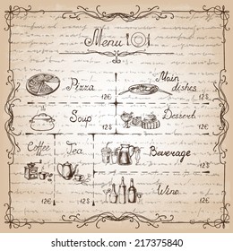 Vector illustration of menu written. Retro vintage style.