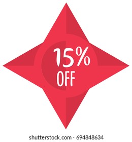 Vector illustration for merchandising promo materials: special price, discount or sale offer red sticker, label or tag. Campaign promotion badge template for premium retail business. 15 percent off sign.