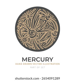 Ilustração vetorial de Mercúrio em tons terrosos de bege e carvão. Estilo de gravação desenhado à mão com textura semelhante a uma cratera. Perfeito para ciência, cartazes e temas cósmicos. Parte do conjunto.