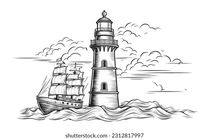 Ilustración vectorial, Ilustración de Mercusuar y Barco, Ilustración plana