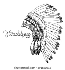 Vector illustration of merican Indian chief headdress. Hand draw rouch in rustic style on white background
