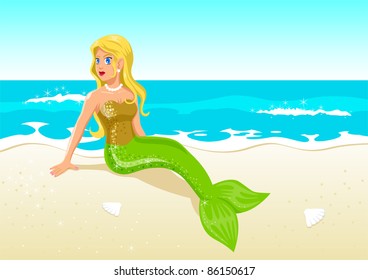 Vector illustration of a mermaid at the beach