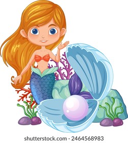 Vector illustration of a mermaid beside a giant pearl