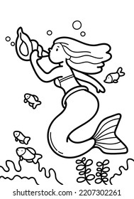Ilustración vectorial de una sirena que sopla en una concha. Libro de colores con un personaje de cuento de hadas nadando en el mar.