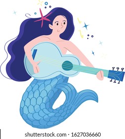 Vector illustration of a mermaid with a blue guitar and purple, yellow, blue and pink stars. 