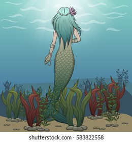 Vector illustration of a mermaid at the bottom of the sea