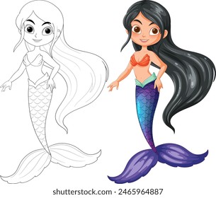 Vector illustration of a mermaid, colored and line art