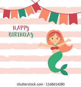 Vector illustration of mermaid. Cute cartoon mermaid useful for invitations,  baby shower, scrapbook, card, children clothes, poster. Sticker, clip art for girls.