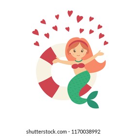 Vector illustration of mermaid. Cute cartoon mermaid useful for invitations,  baby shower, scrapbook, card, children clothes, poster. Sticker, clip art for girls.