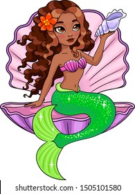 Vector Illustration Of Mermaid With Dark Skin And Curly Hair Sitting In Pink Seashell. Isolated On White Background