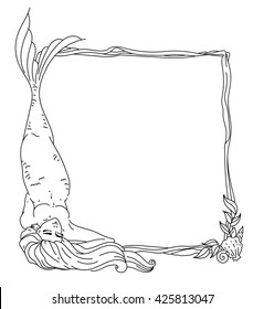 Vector illustration of mermaid frame laying on the sea bottom with shells and seaweed isolated on white